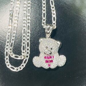italian silver 925 figaro chain 18 inch teddy bear necklace